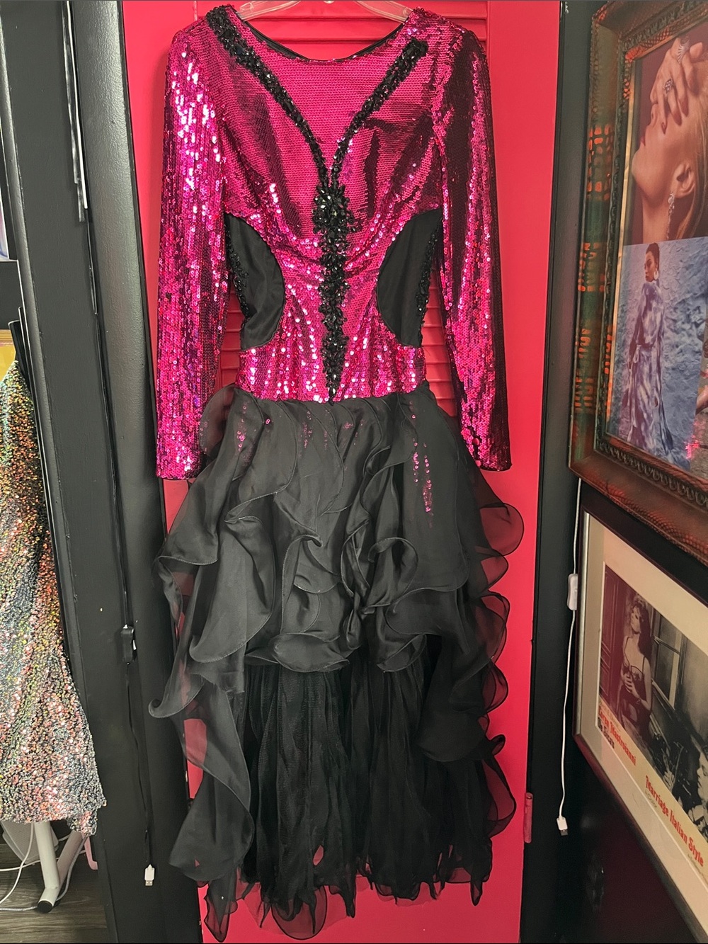 Mori Lee Fuchsia Sequin Bodice Black Ruffled Prom Dress
